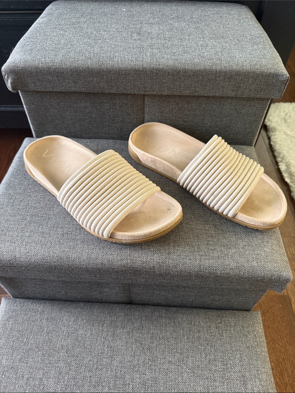 Beige Ribbed Slide Sandals for Women